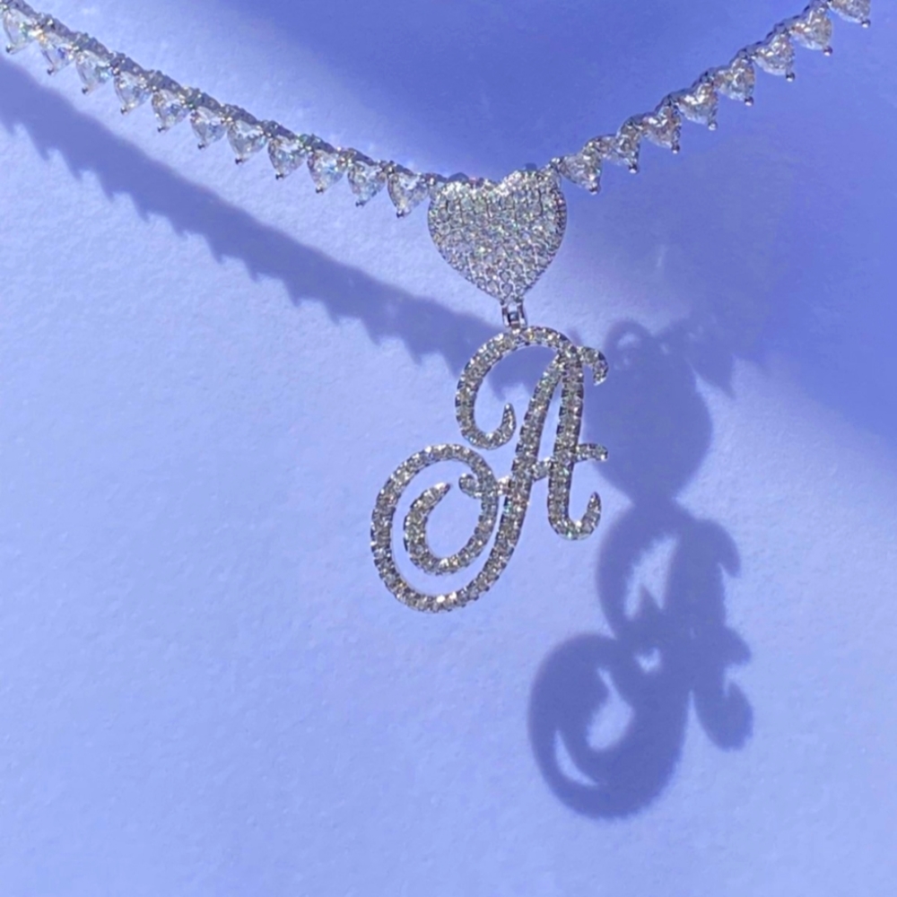 18k Gold Initial Heart Tennis Chain Iced Out Cursive Letter A